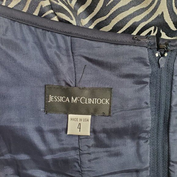 Jessica McClintock Sz 4 Dress Mini Zebra Stripe Fitted Strapless Navy Satin Trim - Picture 8 of 13